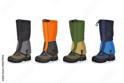 Four pairs of hiking gaiters in different colors shown on boots