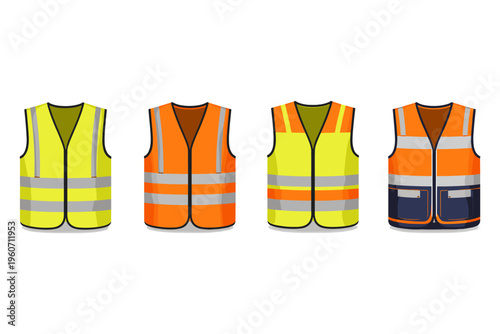 Collection of high-visibility safety vests in yellow and orange with reflective stripes