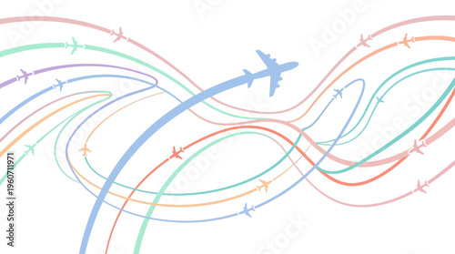 Dynamic illustration of airplanes traversing colorful, intertwined global flight paths, symbolizing worldwide travel and interconnected air routes.