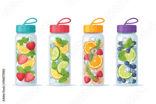 Four colorful bottles filled with infused water and fresh fruits