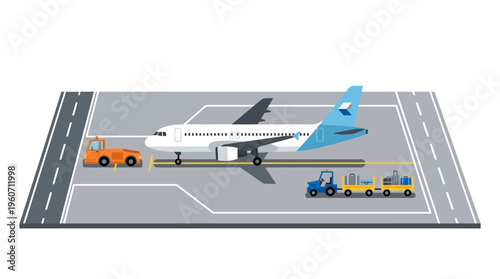 Airport ground operations vector: passenger airplane on tarmac with pushback tug and baggage carts for air travel.