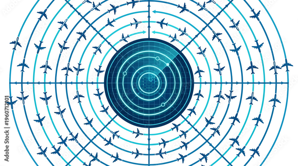 Obraz premium Dynamic Air Traffic Management: Digital Radar System Tracking Multiple Aircraft in Global Airspace Navigation Interface