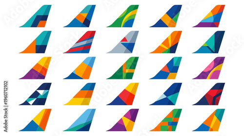 Collection of diverse, colorful aircraft tail fin designs with abstract geometric patterns, flat vector illustrations for aviation and travel concepts, on a clean white background.