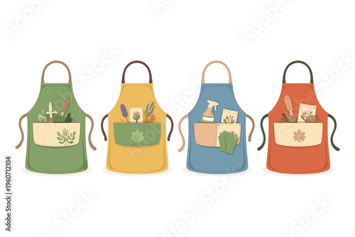Four colorful aprons with gardening tools and supplies neatly organized