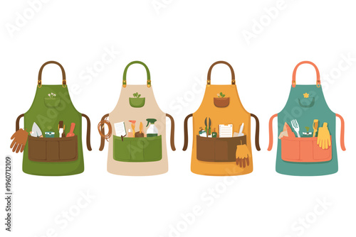 Collection of four gardening aprons with tools and accessories
