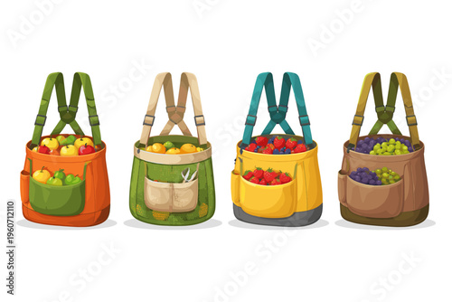 Collection of colorful harvest bags filled with fresh fruits and berries