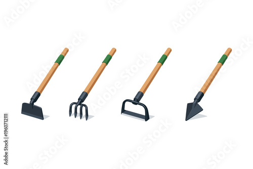 Set of four garden tools including a hoe, rake, cultivator, and spade on white background