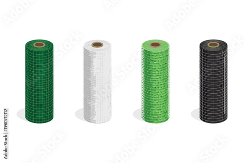 Four rolls of mesh fencing in green, white, and black colors