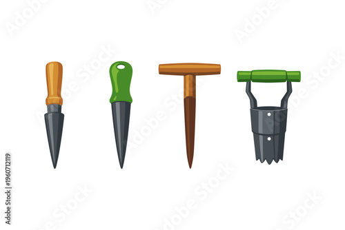 Collection of four different gardening tools for planting and soil aeration