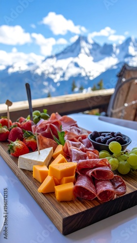 A charcuterie board on a table with a mountainous landscape background