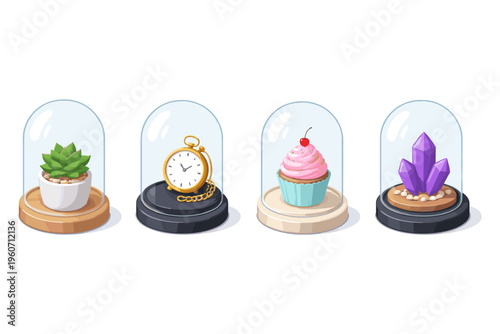 Four decorative glass domes display unique items: plant, watch, cupcake, and crystals