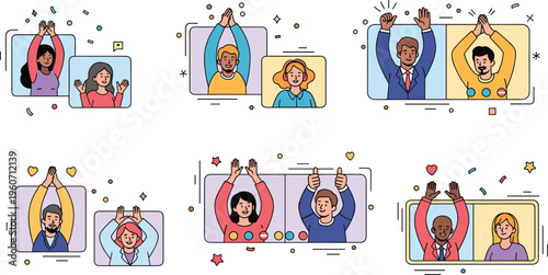 Online meeting celebration scenes with people clapping video call teamwork success remote work vector illustration set