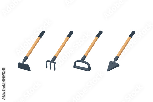 Collection of four different gardening hand tools with wooden handles