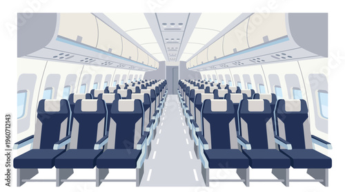 Empty passenger aircraft cabin illustration featuring rows of blue and grey seats, overhead compartments, and windows, depicting modern air travel interior.