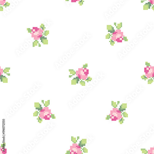 Seamless Cross Stitch Floral Pattern with Small Pink Roses, Vintage Cottagecore Embroidery Background Vector