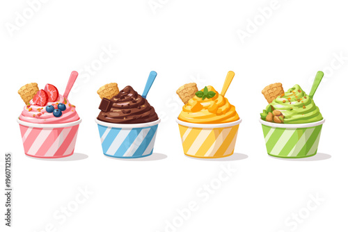 Four colorful cups of frozen yogurt with various toppings and waffle cones