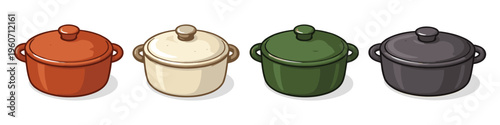 Collection of four colorful cooking pots with lids and handles