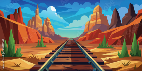 A minimalist vector illustration featuring layered mountain ranges at a warm orange sunset hour