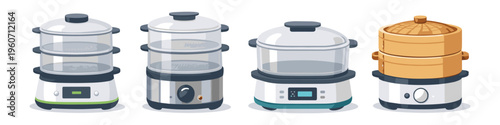Collection of four different electric food steamers with multiple tiers for healthy cooking