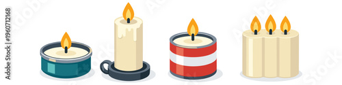 Collection of four distinct lit candles in various styles and containers