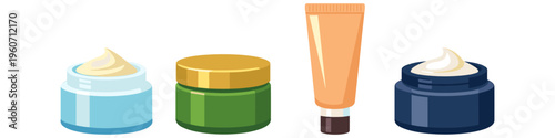 Assortment of cosmetic creams and lotions in jars and tube containers