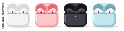 Four colorful wireless earbuds cases with open lids and visible earbuds inside