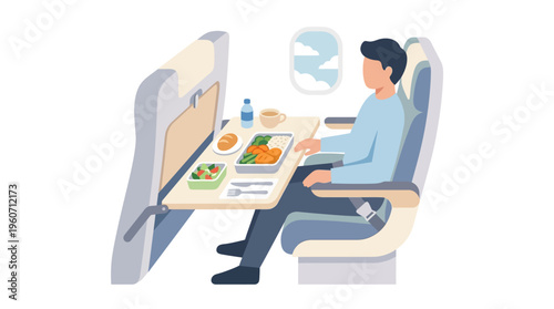 Passenger enjoying a delicious in-flight meal on an airplane during air travel, receiving excellent cabin service. Flat vector illustration.