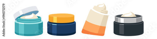 Collection of cosmetic creams in various containers and colors