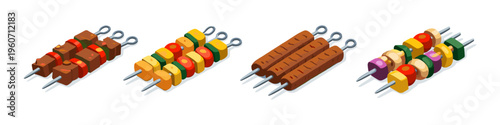 Assortment of grilled skewers with meat and vegetables on white background