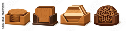 Collection of four wooden drink coasters with holders in various styles