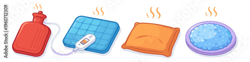 Collection of heating pads and hot water bottle for pain relief