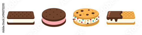 Collection of four different ice cream sandwich desserts with various cookies and fillings