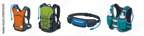 Collection of hydration packs and running vests for outdoor activities