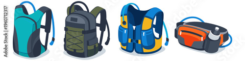 Collection of outdoor adventure backpacks and hydration gear