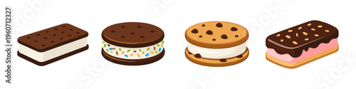 Assortment of delicious ice cream sandwiches in various shapes and flavors