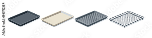 Collection of four baking trays and racks in isometric view