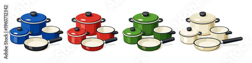 Collection of colorful enamel cookware sets including pots and frying pans