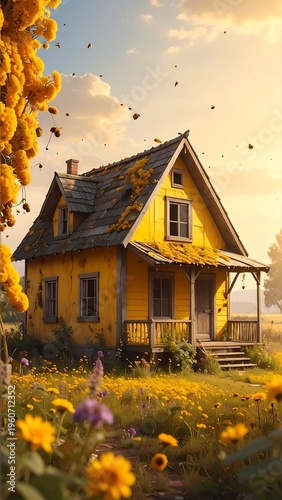 A charming yellow house with a covered porch surrounded by vibrant flowers