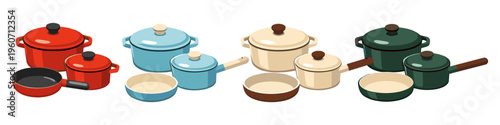 Collection of colorful kitchen cookware sets including pots, pans, and saucepans