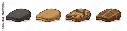 Collection of four flat caps in different patterns and colors
