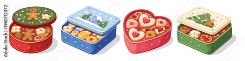 Assortment of festive cookie tins filled with delicious holiday treats