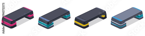 Four colorful aerobic step platforms for fitness and exercise routines