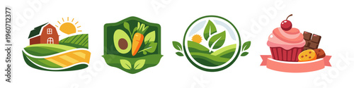 Collection of farm, organic food, and sweet treat logos with vibrant colors