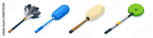 Collection of four different types of dusters for cleaning household surfaces