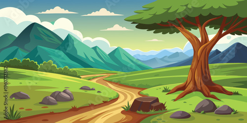 A vibrant digital illustration of a majestic mountain range beneath a large red sunset horizon