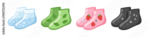 Collection of four pairs of cartoon socks with different designs and colors