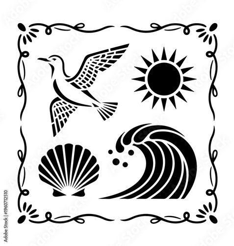 Groovy Summer Icons in Boho Style. Vector Abstract Beach Illustrations in Naive Art.