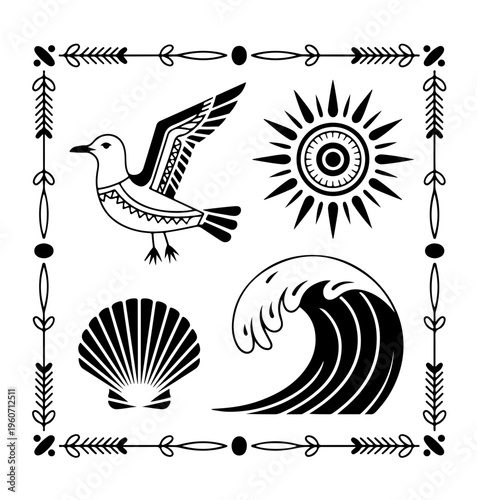 Groovy Summer Icons in Boho Style. Vector Abstract Beach Illustrations in Naive Art.