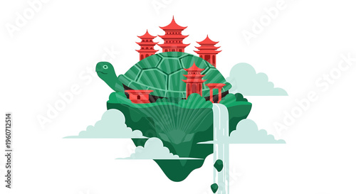 Asian landscape, green leaf, red pagodas, Chinese architecture, vector illustration