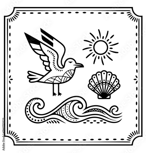 Groovy Summer Icons in Boho Style. Vector Abstract Beach Illustrations in Naive Art.